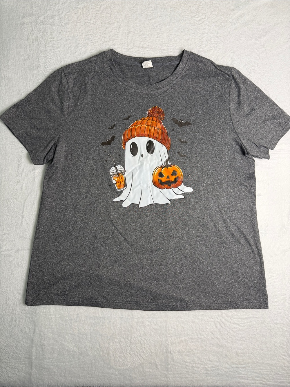 Women’s Halloween Ghost Tee in Gray with Orange Beanie Graphic Size XL